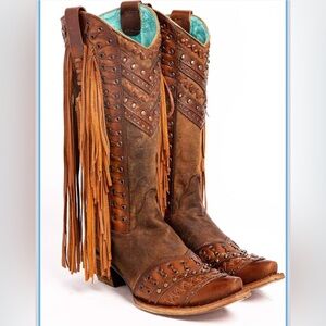 *Rare* Corral Mayela Woven & Fringe Snip Toe Cowboy Brown Leather Boots 7.5